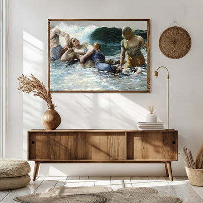 Capturing the raw power of the ocean, this artwork portrays a gripping scene of human perseverance for Sitting Area