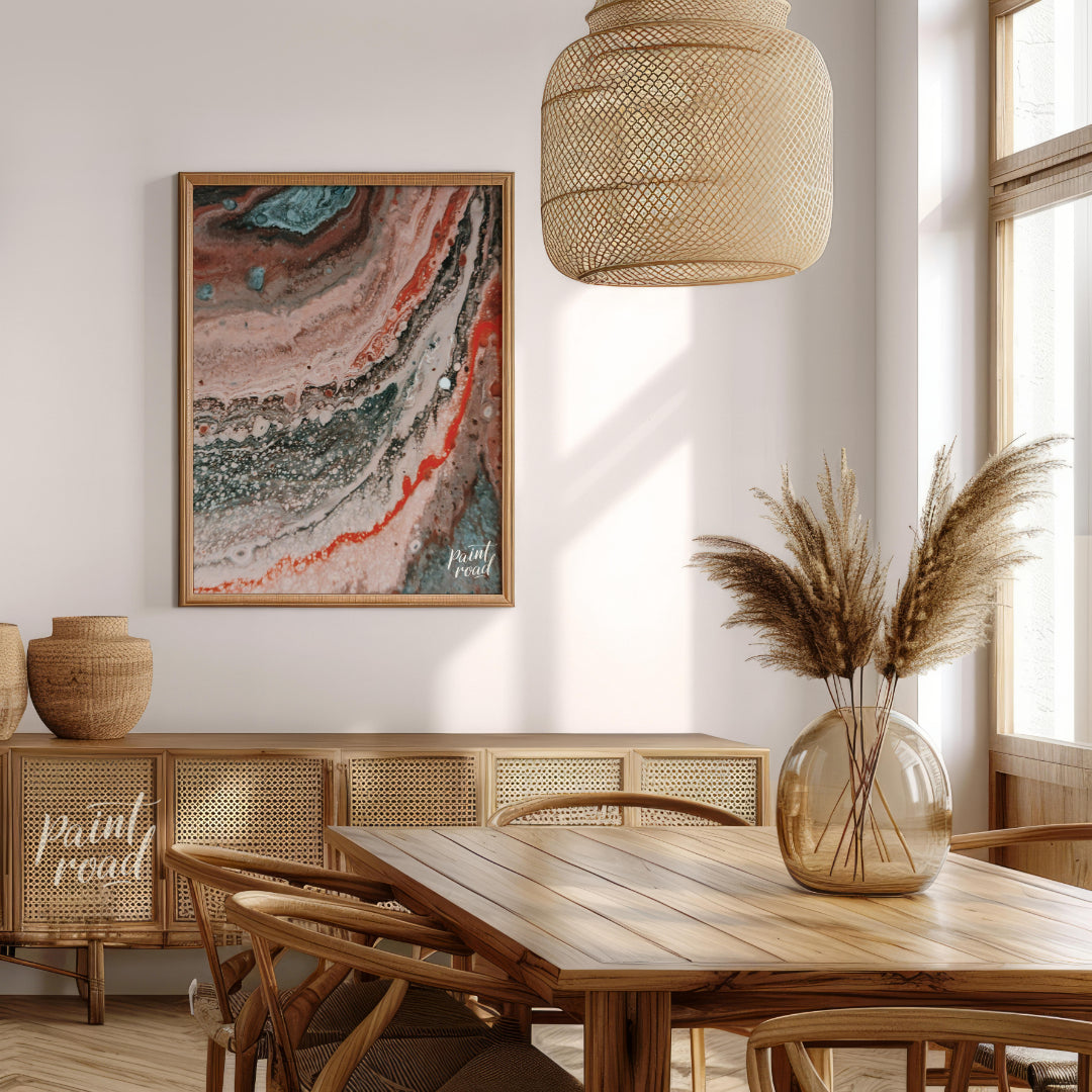 This abstract artwork captures a mesmerizing blend of earthy tones and intricate textures, evoking … for dining room