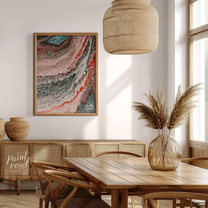 This abstract artwork captures a mesmerizing blend of earthy tones and intricate textures, evoking … for dining room