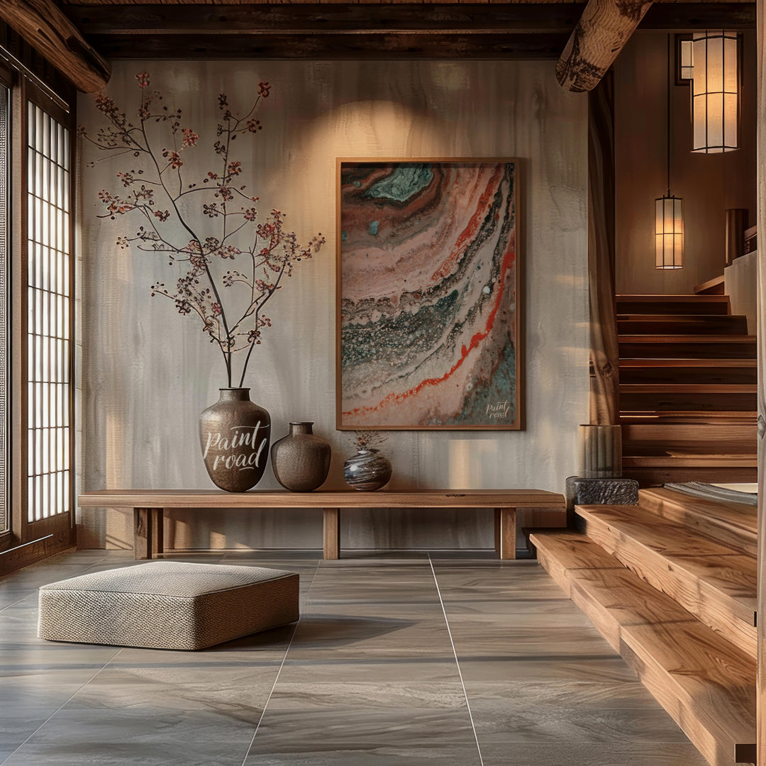 This abstract artwork captures a mesmerizing blend of earthy tones and intricate textures, evoking … for entryway