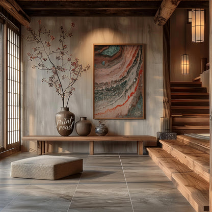This abstract artwork captures a mesmerizing blend of earthy tones and intricate textures, evoking … for entryway
