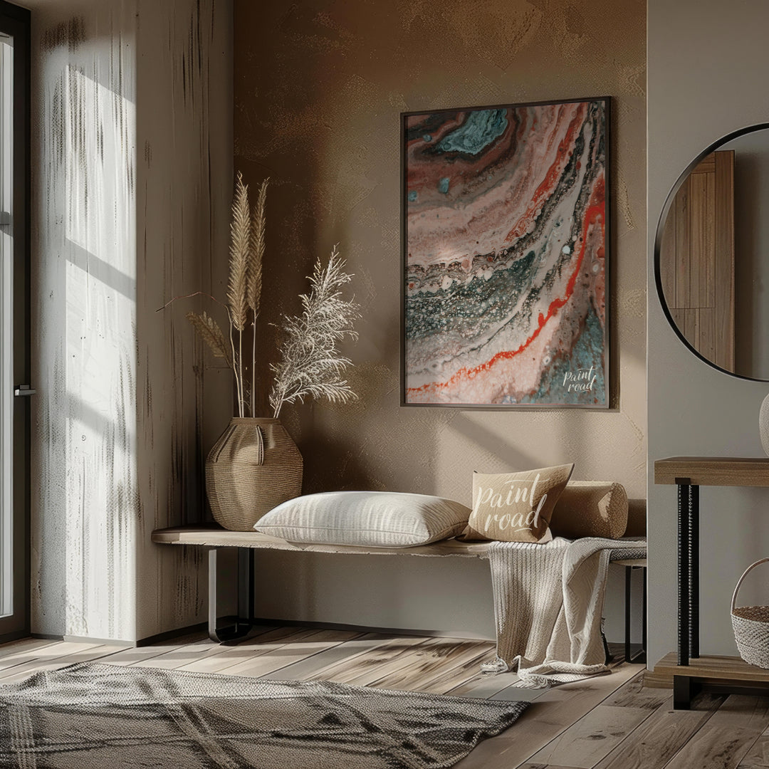 This abstract artwork captures a mesmerizing blend of earthy tones and intricate textures, evoking … for entryway