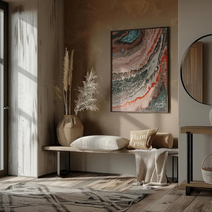 This abstract artwork captures a mesmerizing blend of earthy tones and intricate textures, evoking … for entryway