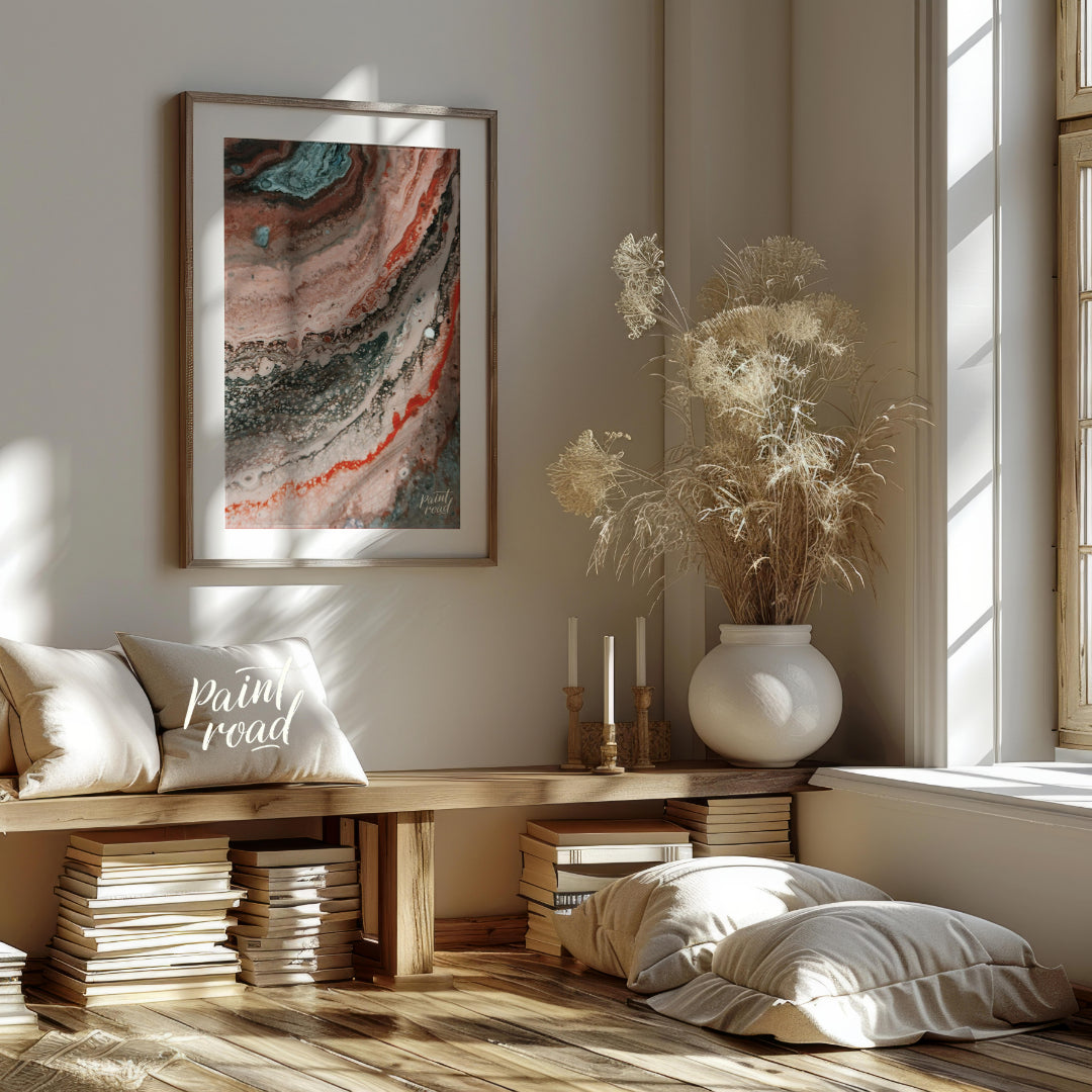 This abstract artwork captures a mesmerizing blend of earthy tones and intricate textures, evoking … for living room