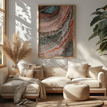 This abstract artwork captures a mesmerizing blend of earthy tones and intricate textures, evoking … for living room