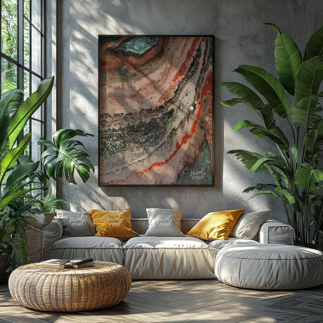 This abstract artwork captures a mesmerizing blend of earthy tones and intricate textures, evoking … for living room
