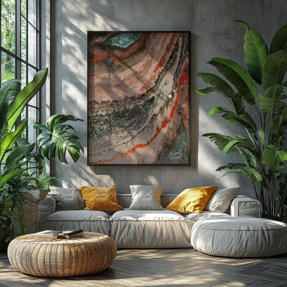 This abstract artwork captures a mesmerizing blend of earthy tones and intricate textures, evoking … for living room