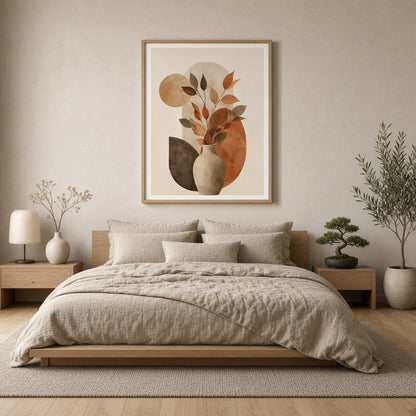 Embrace the warm and inviting tones of this abstract art print, featuring a delightful arrangement for Bedroom