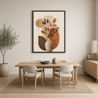 Embrace the warm and inviting tones of this abstract art print, featuring a delightful arrangement for Dining