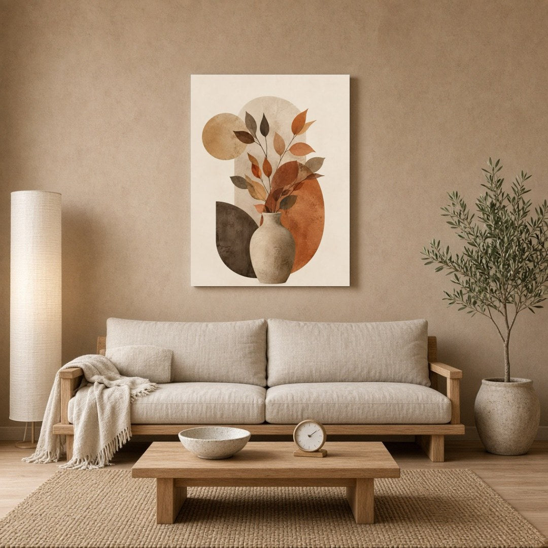 Embrace the warm and inviting tones of this abstract art print, featuring a delightful arrangement for Living Room