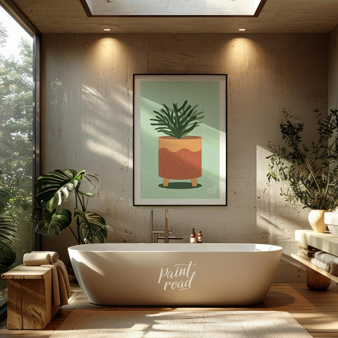 This vibrant digital illustration showcases a lively potted plant, rendered with a distinct, organi… for bathroom