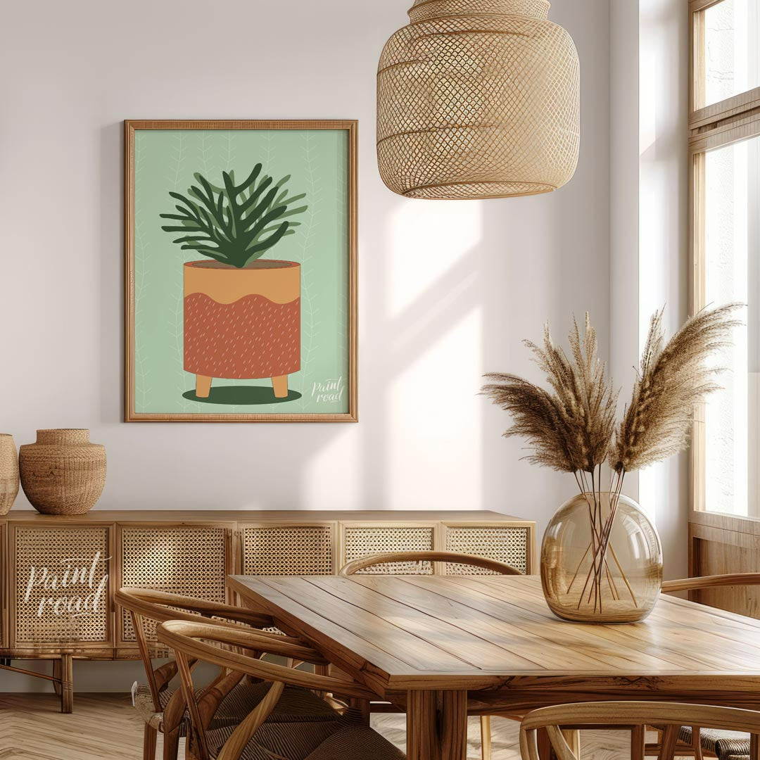 This vibrant digital illustration showcases a lively potted plant, rendered with a distinct, organi… for dining room