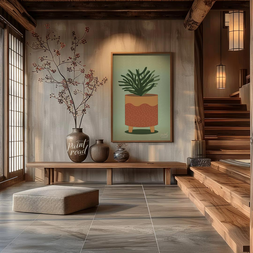 This vibrant digital illustration showcases a lively potted plant, rendered with a distinct, organi… for entryway
