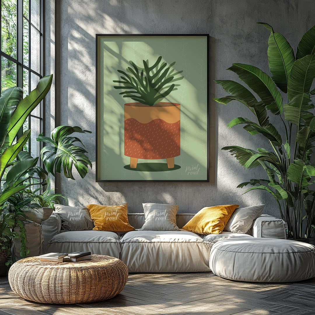 This vibrant digital illustration showcases a lively potted plant, rendered with a distinct, organi… for living room