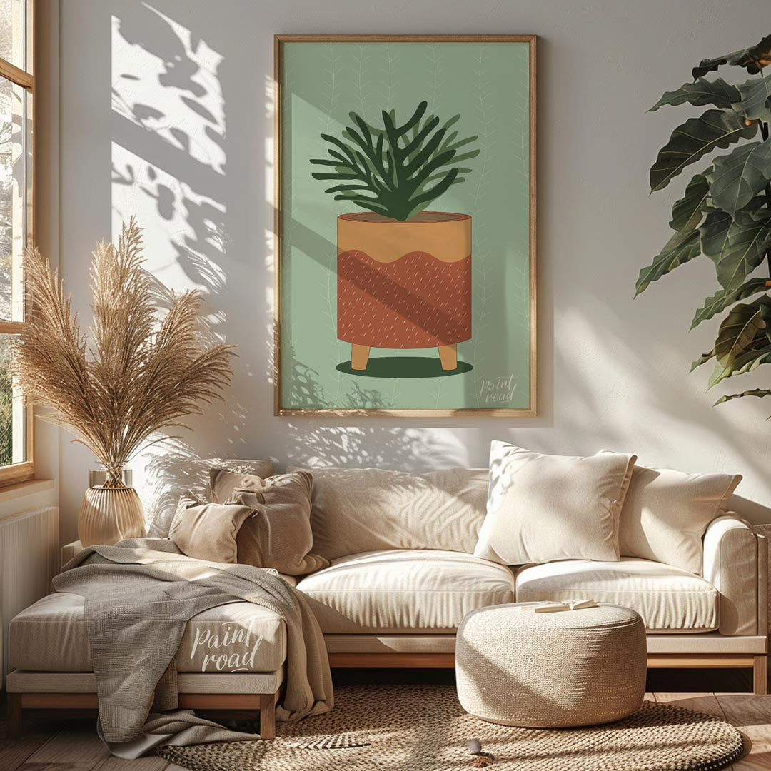 This vibrant digital illustration showcases a lively potted plant, rendered with a distinct, organi… for living room