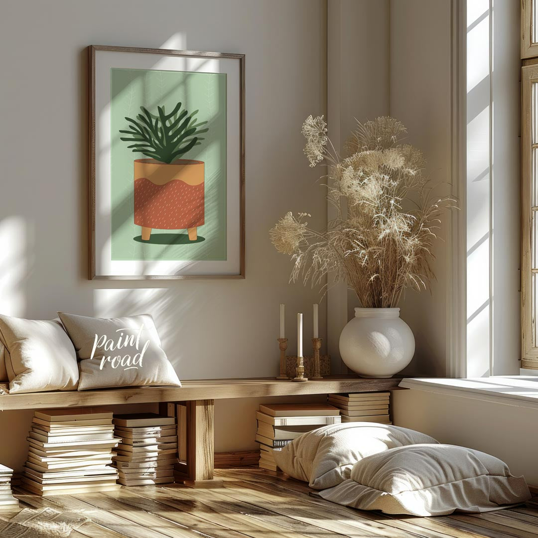 This vibrant digital illustration showcases a lively potted plant, rendered with a distinct, organi… for living room