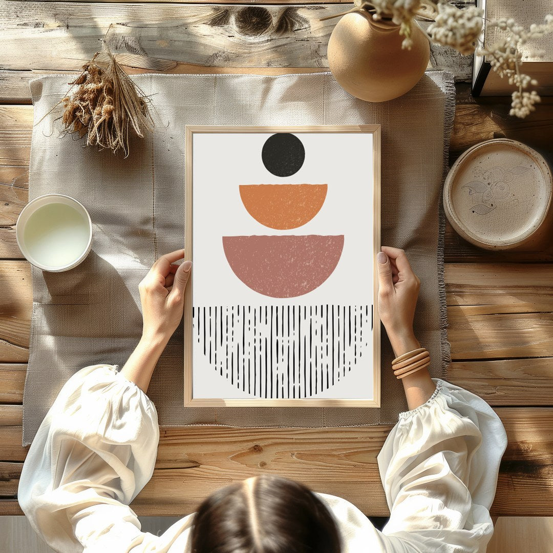 Transform your space with this captivating geometric abstract artwork. Earthy hues blend seamlessly for Kitchen
