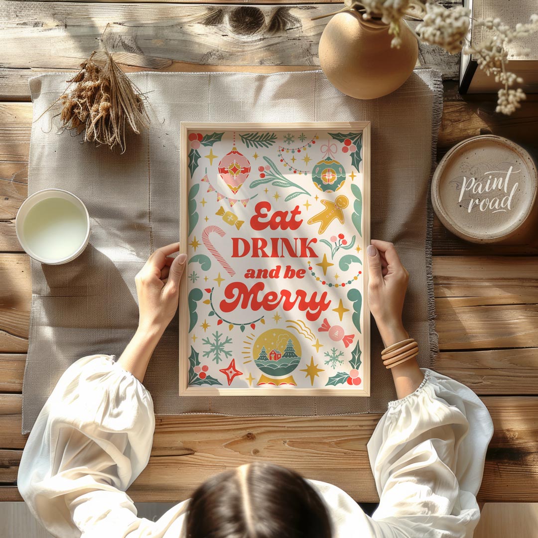 This festive and charming poster encapsulates the joyous spirit of Christmas with a whimsical, hand… for dining room