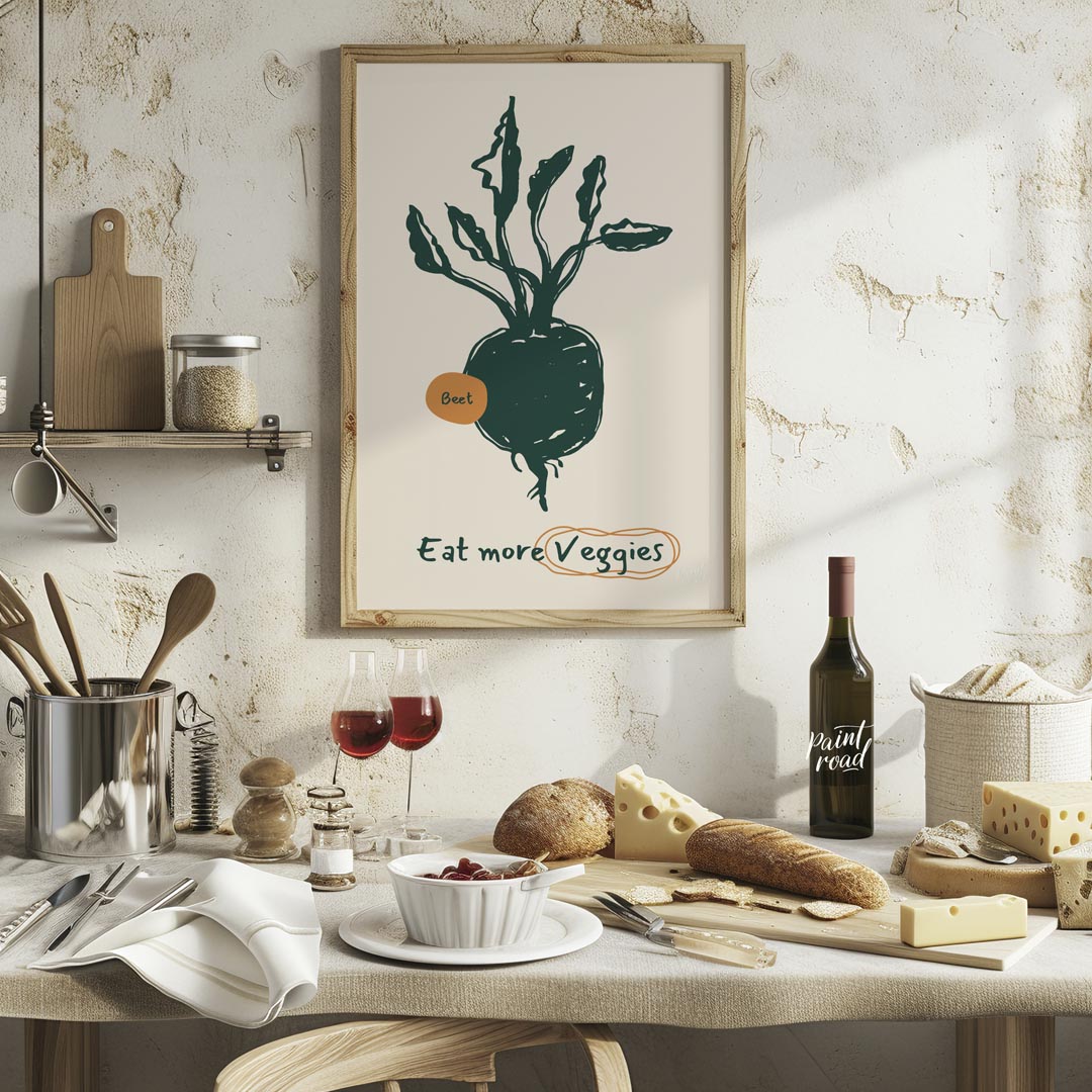 This vibrant poster encourages healthy eating with a focus on vegetables, featuring a charming line… for kitchen