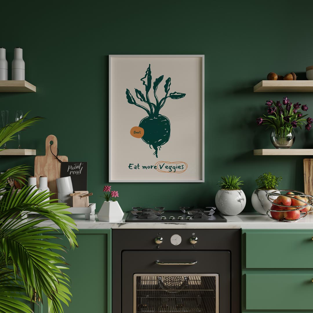 This vibrant poster encourages healthy eating with a focus on vegetables, featuring a charming line… for kitchen