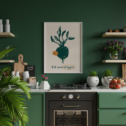This vibrant poster encourages healthy eating with a focus on vegetables, featuring a charming line… for kitchen