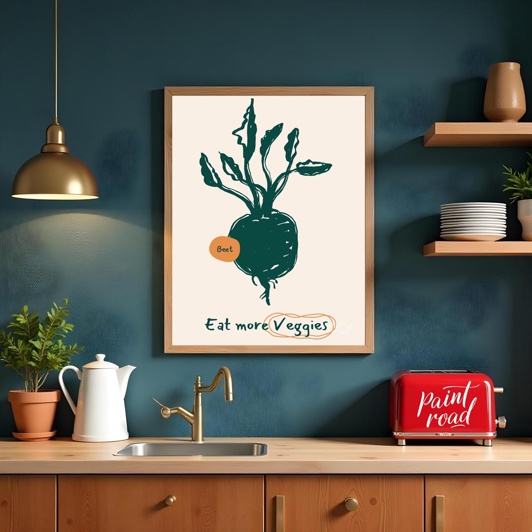 This vibrant poster encourages healthy eating with a focus on vegetables, featuring a charming line… for kitchen