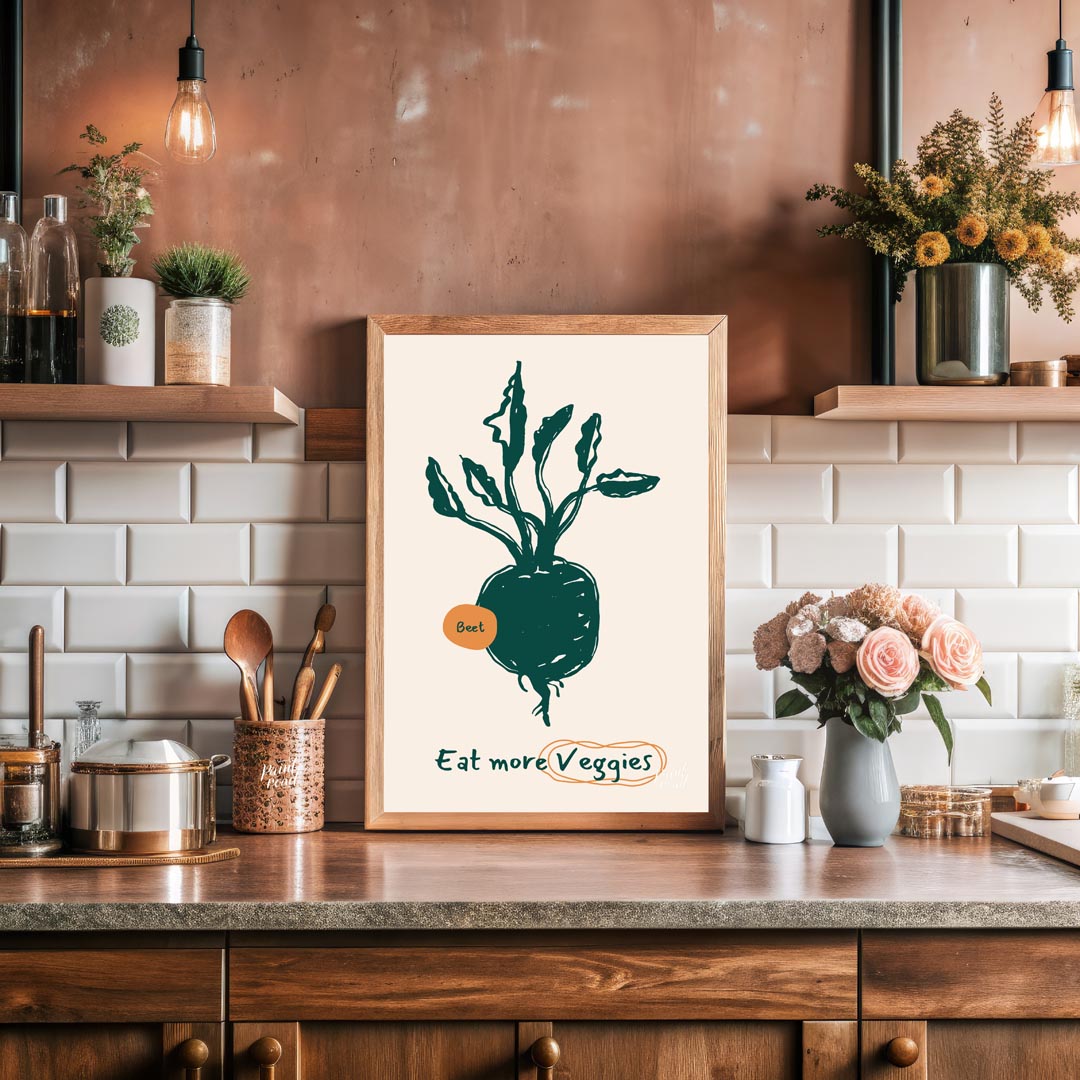This vibrant poster encourages healthy eating with a focus on vegetables, featuring a charming line… for kitchen