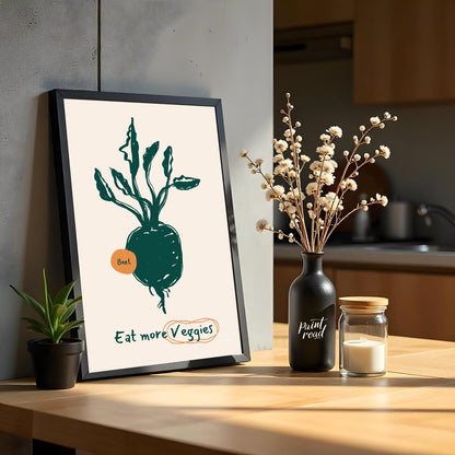 This vibrant poster encourages healthy eating with a focus on vegetables, featuring a charming line… for kitchen