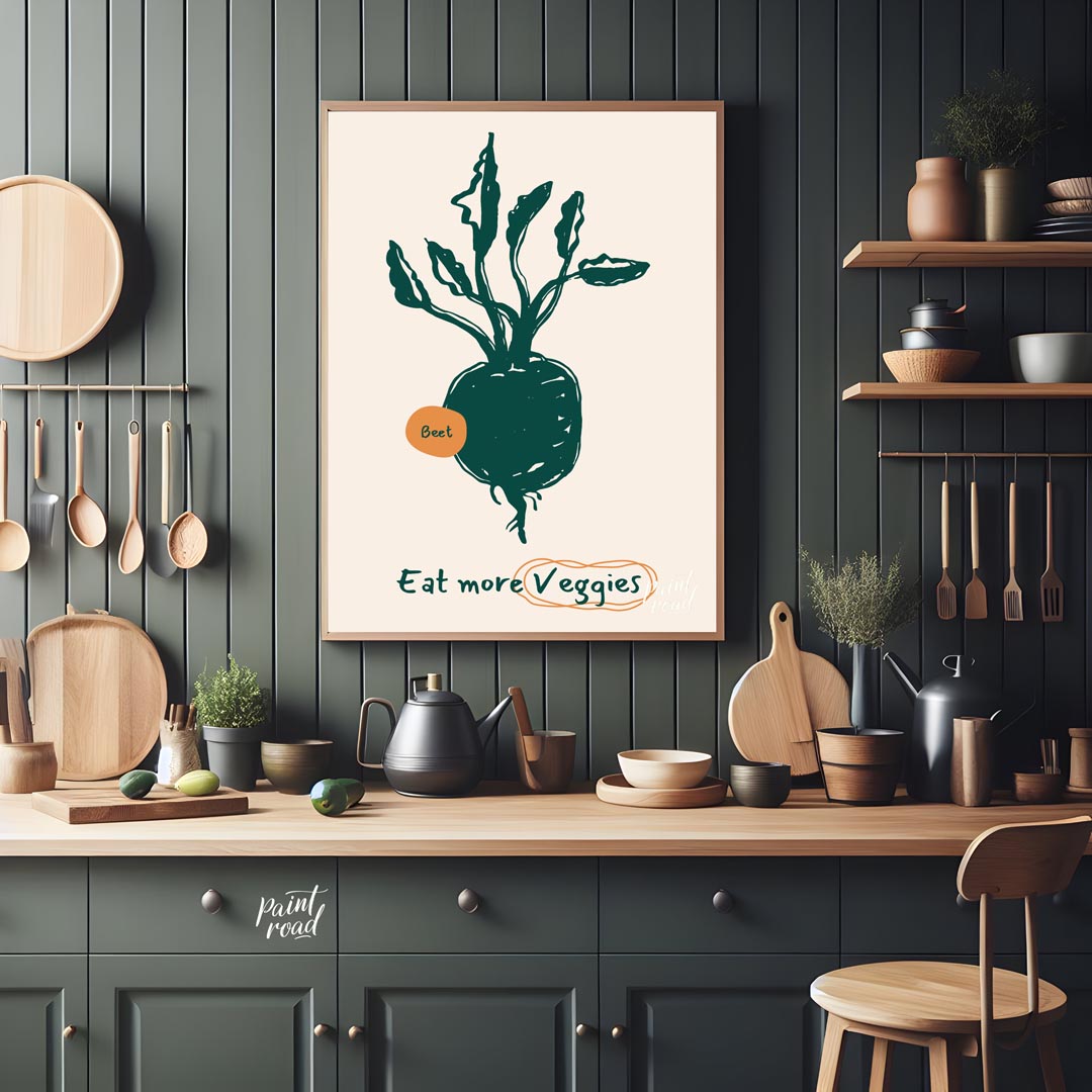This vibrant poster encourages healthy eating with a focus on vegetables, featuring a charming line… for kitchen