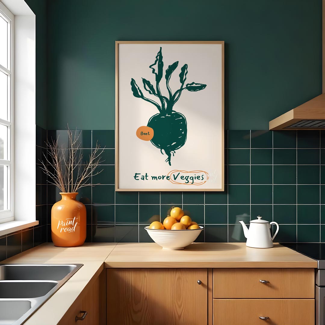 This vibrant poster encourages healthy eating with a focus on vegetables, featuring a charming line… for kitchen