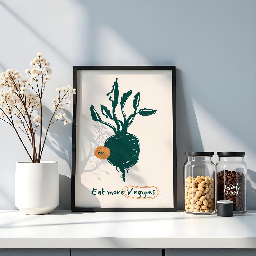This vibrant poster encourages healthy eating with a focus on vegetables, featuring a charming line… for kitchen