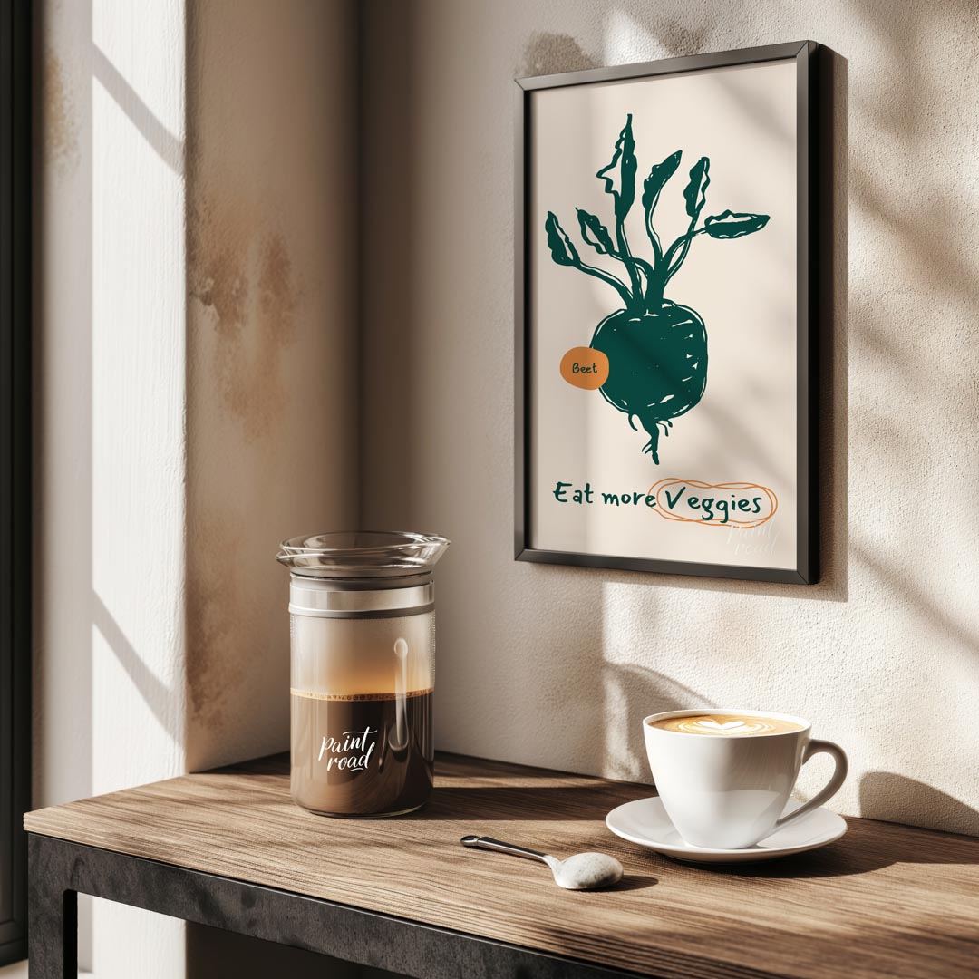 This vibrant poster encourages healthy eating with a focus on vegetables, featuring a charming line… for kitchen