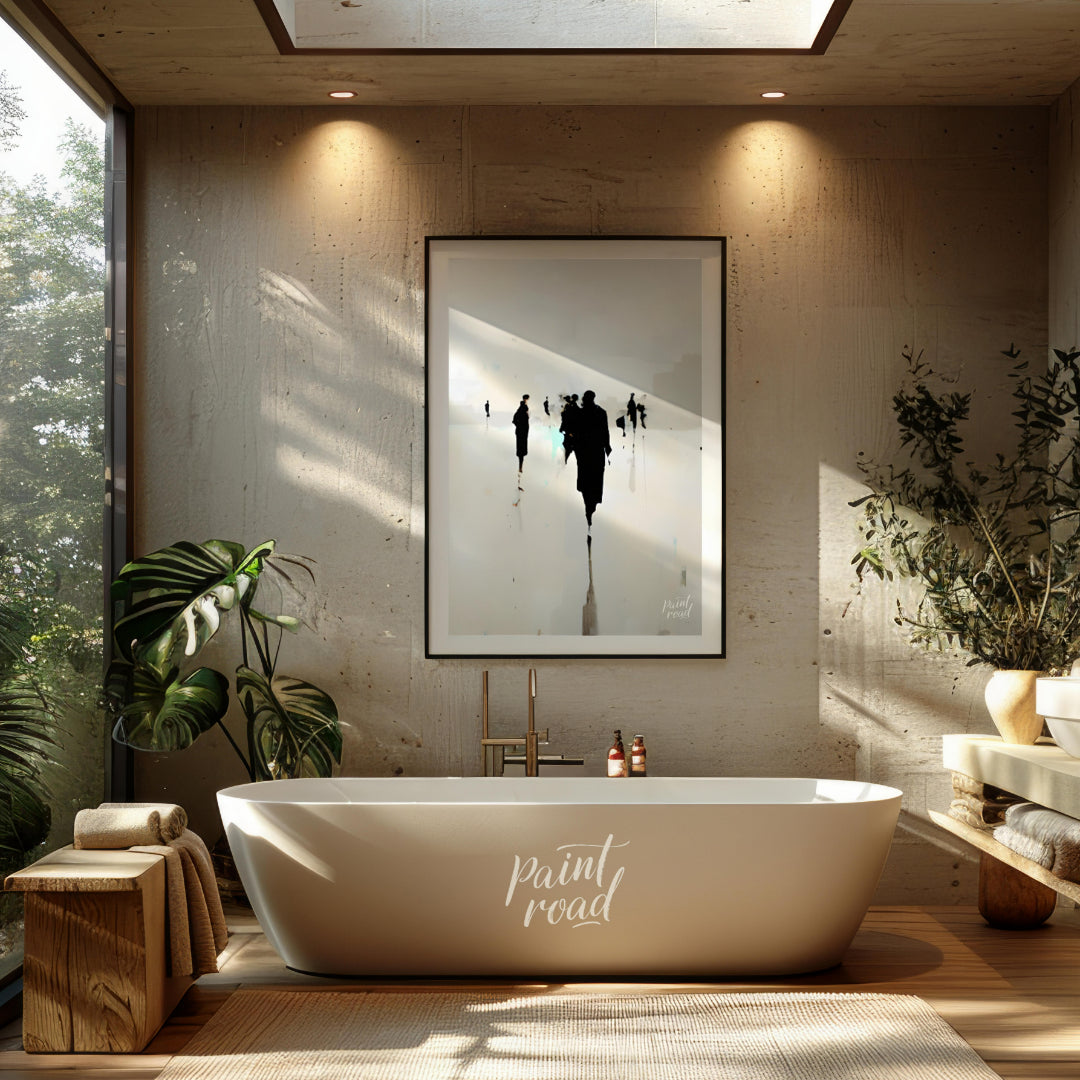 " ""Echoes in the Mist"" presents a hauntingly beautiful scene of silhouetted figures receding into… for bathroom
