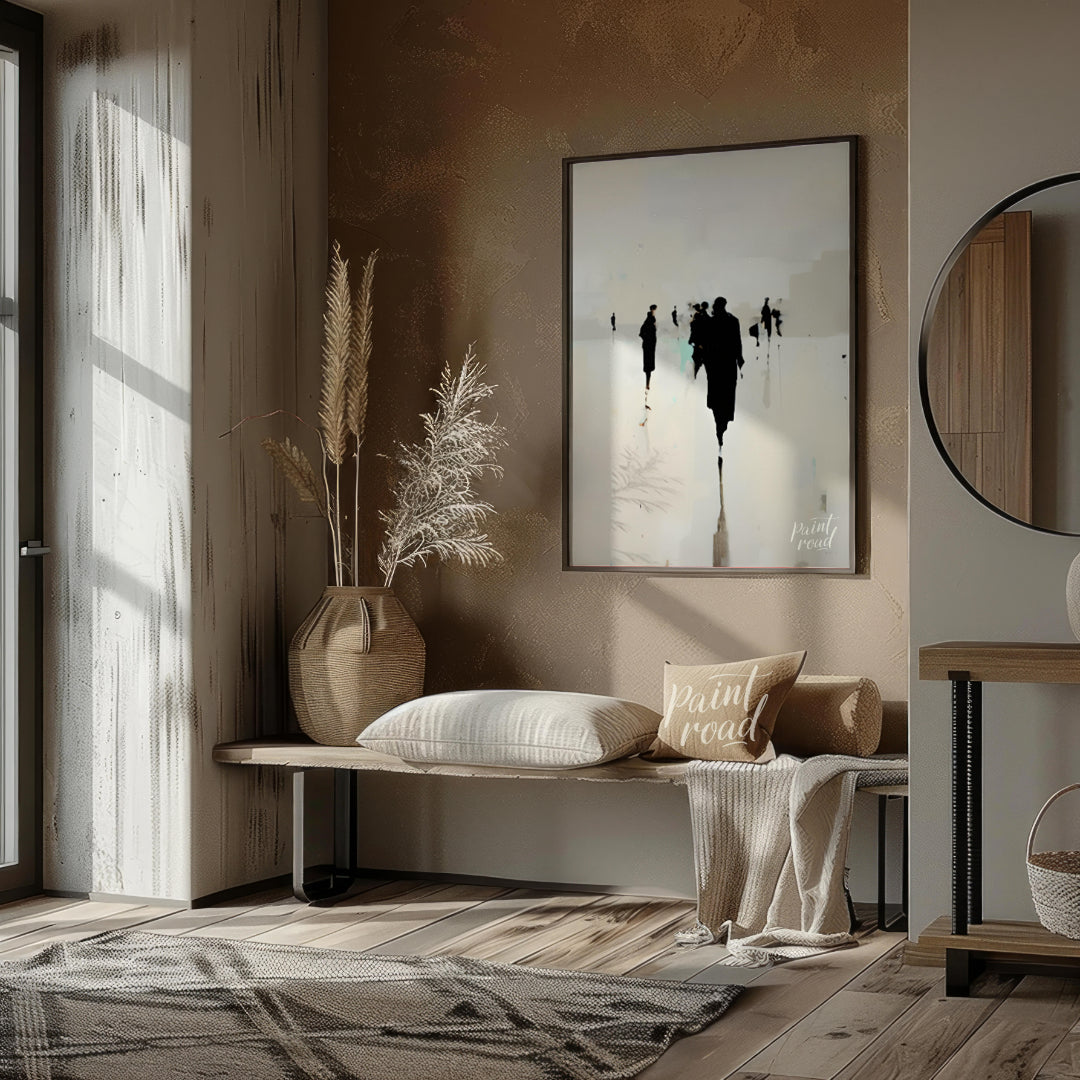 " ""Echoes in the Mist"" presents a hauntingly beautiful scene of silhouetted figures receding into… for entryway