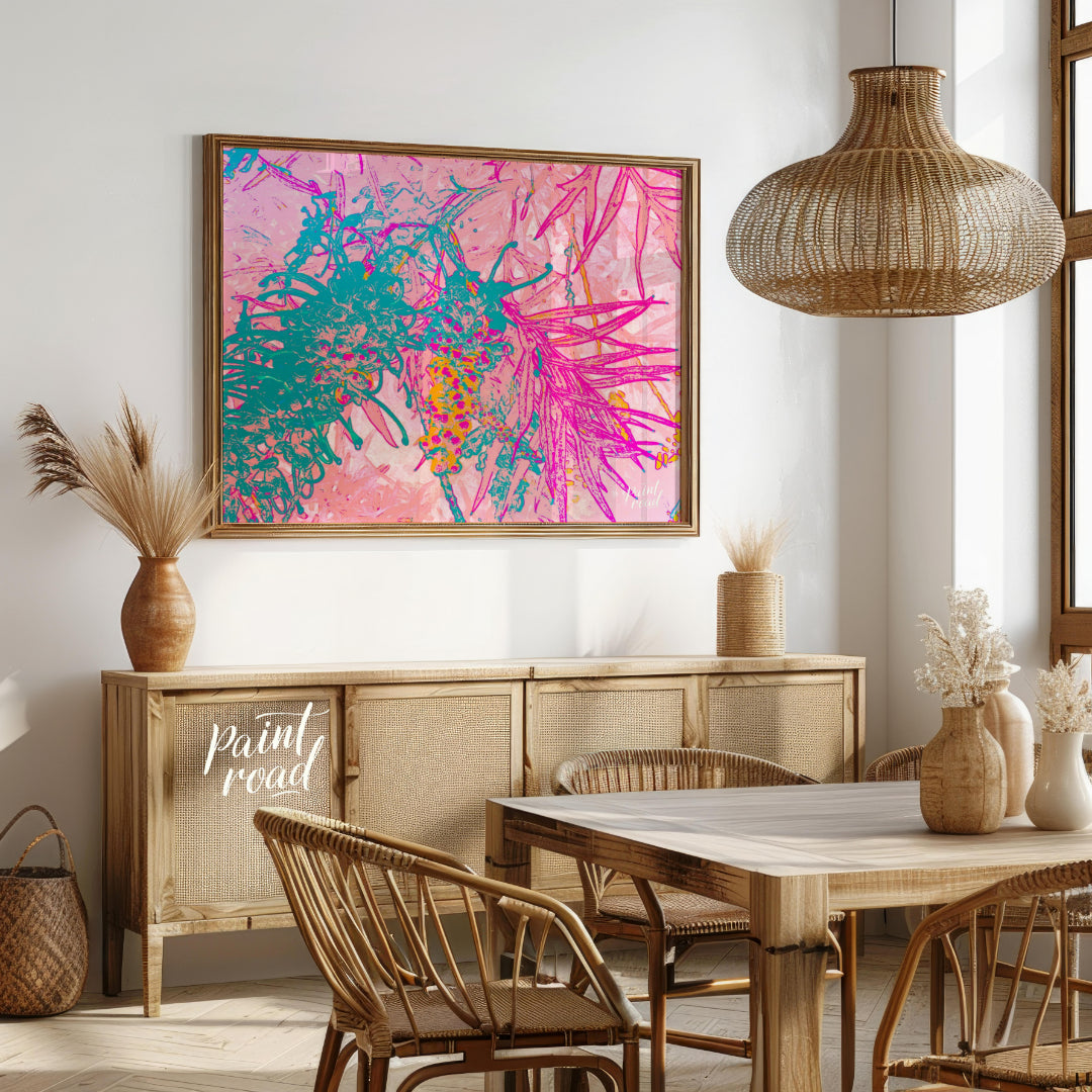 This digital artwork features a stylized depiction of botanical elements with a vibrant, neon-inspi… for dining room