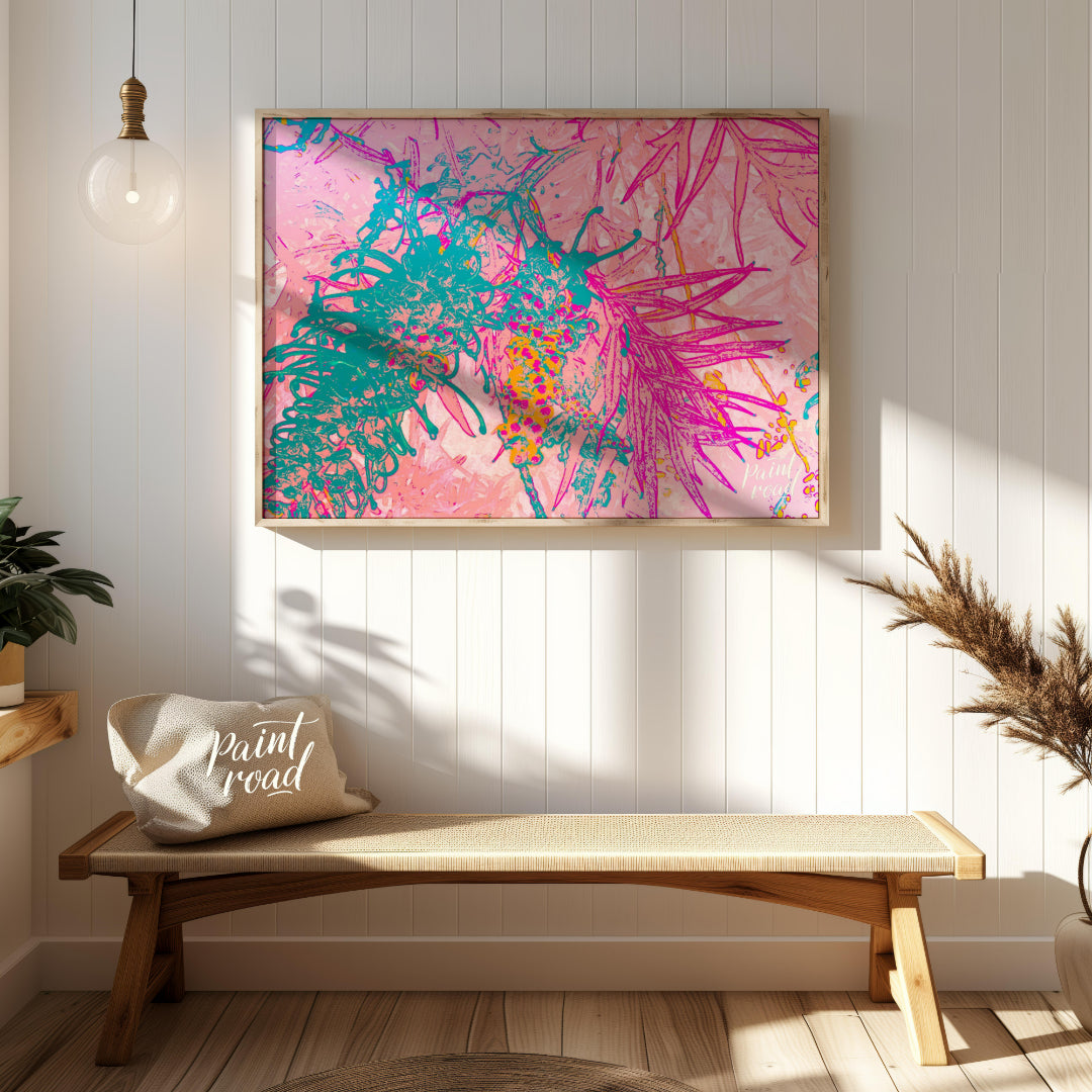 This digital artwork features a stylized depiction of botanical elements with a vibrant, neon-inspi… for entryway
