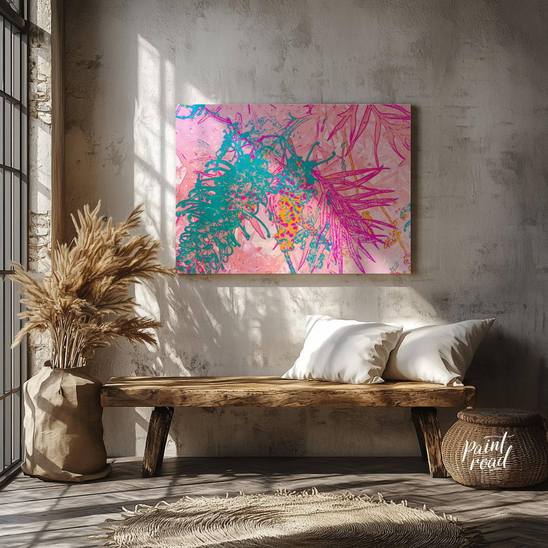 This digital artwork features a stylized depiction of botanical elements with a vibrant, neon-inspi… for entryway