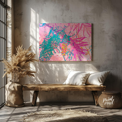 This digital artwork features a stylized depiction of botanical elements with a vibrant, neon-inspi… for entryway