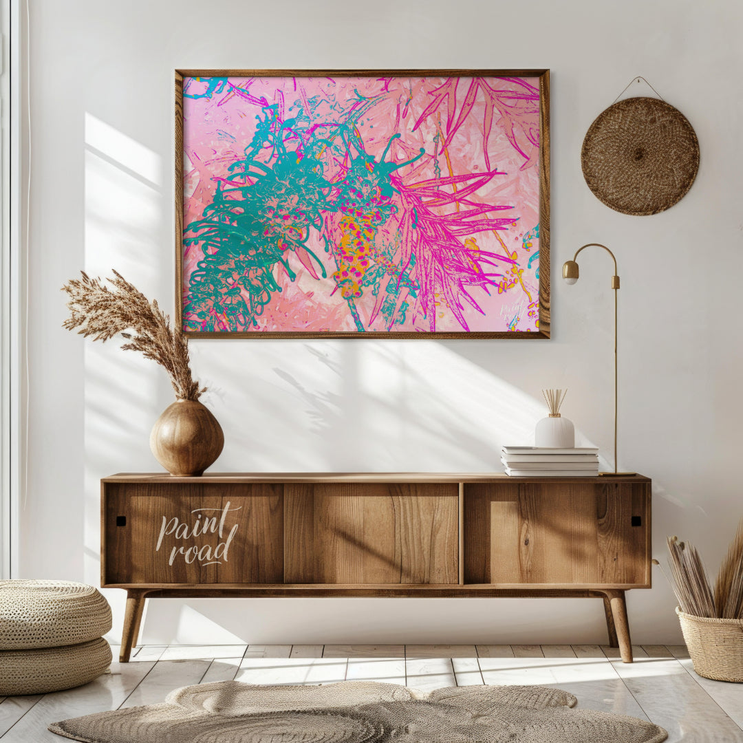 This digital artwork features a stylized depiction of botanical elements with a vibrant, neon-inspi… for living room