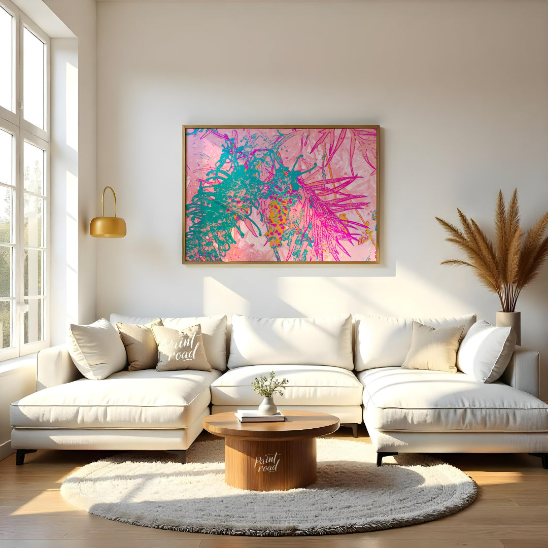 This digital artwork features a stylized depiction of botanical elements with a vibrant, neon-inspi… for living room