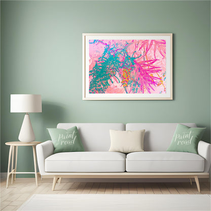 This digital artwork features a stylized depiction of botanical elements with a vibrant, neon-inspi… for living room