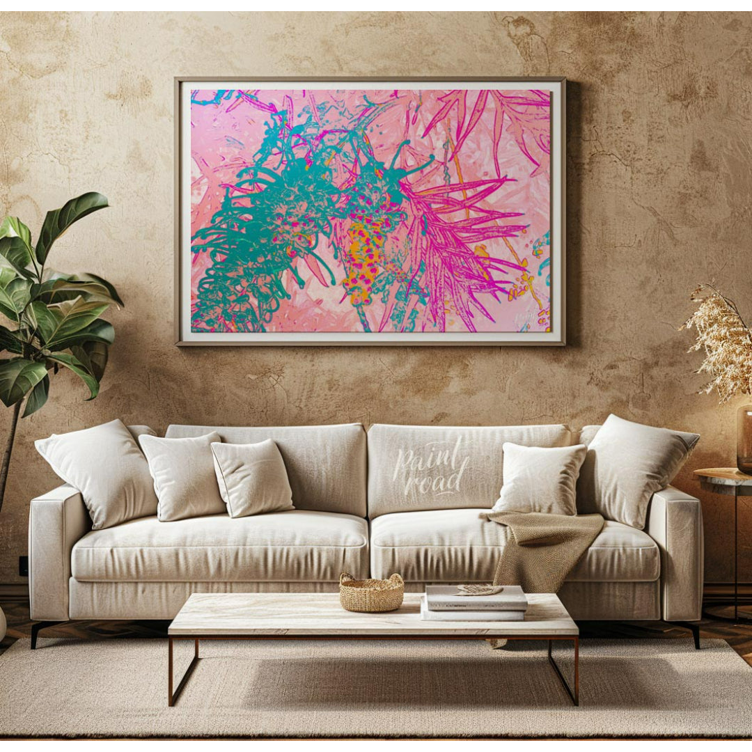 This digital artwork features a stylized depiction of botanical elements with a vibrant, neon-inspi… for living room