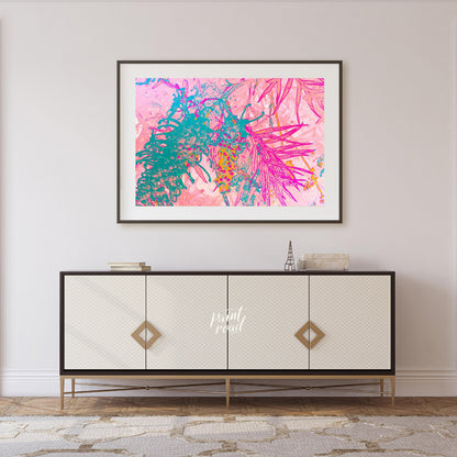 This digital artwork features a stylized depiction of botanical elements with a vibrant, neon-inspi… for living room
