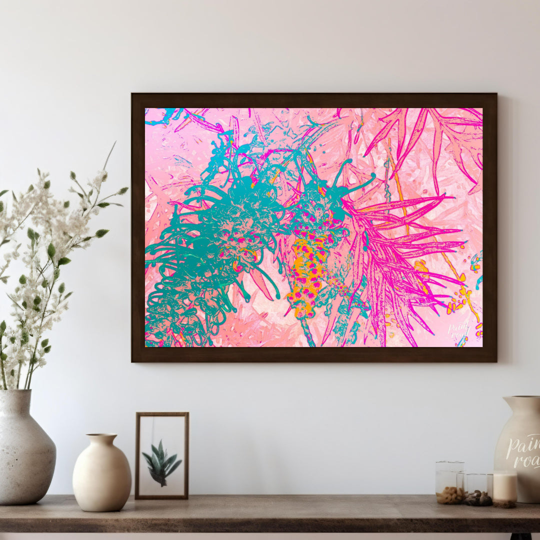 This digital artwork features a stylized depiction of botanical elements with a vibrant, neon-inspi… for living room