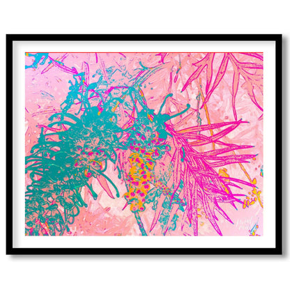 This digital artwork features a stylized depiction of botanical elements with a vibrant, neon-inspi… for room