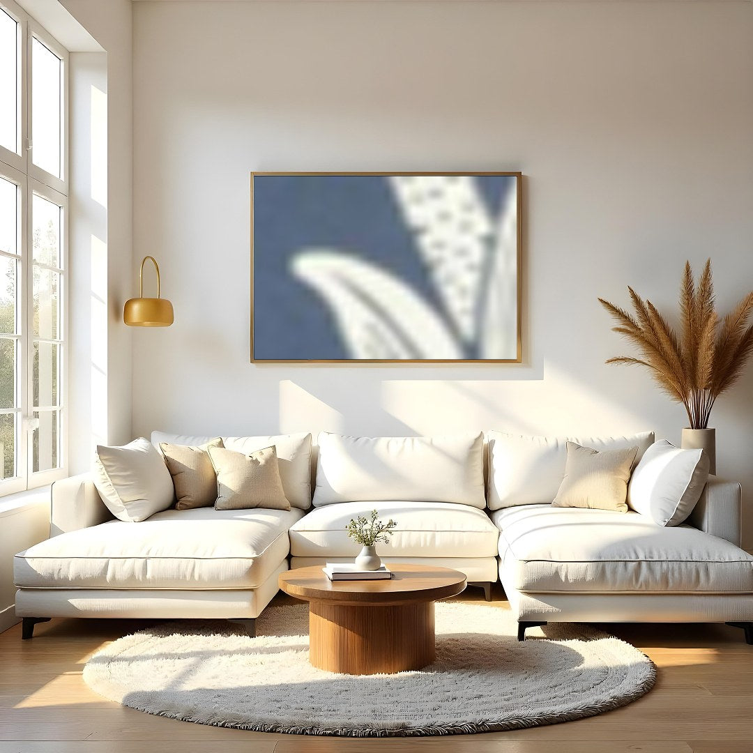 This intricate wall art features a beautifully detailed floral design set against a soft indigo for Living Room