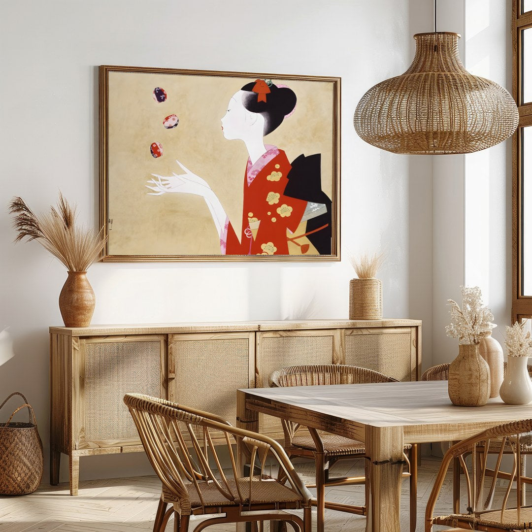 This exquisite artwork captures the serene beauty and grace of a geisha, adorned in a striking red for Dining