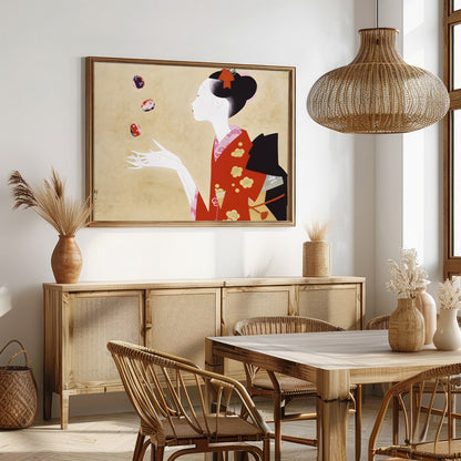 This exquisite artwork captures the serene beauty and grace of a geisha, adorned in a striking red for Dining