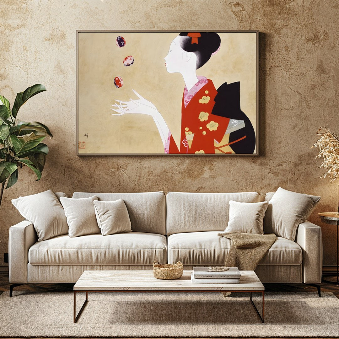 This exquisite artwork captures the serene beauty and grace of a geisha, adorned in a striking red for Family Room