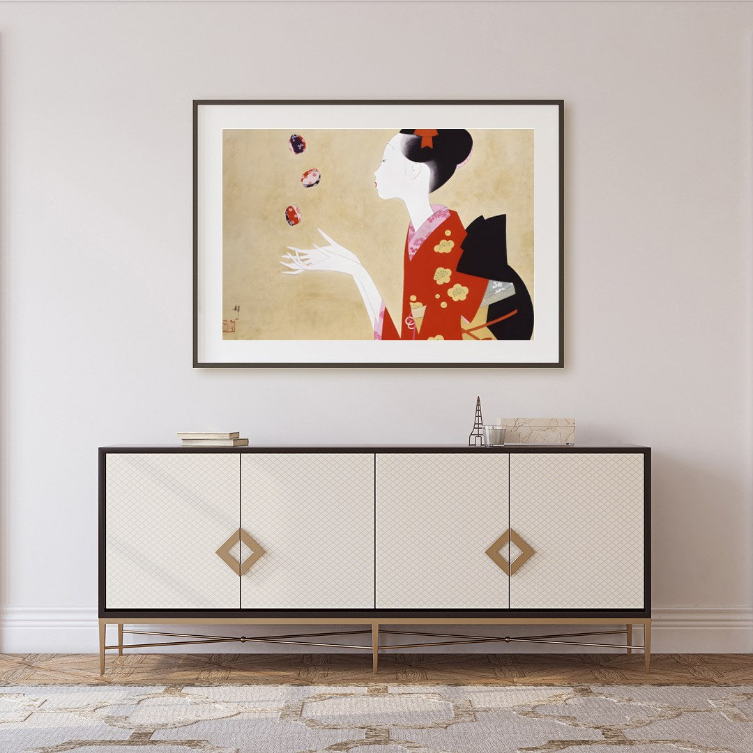 This exquisite artwork captures the serene beauty and grace of a geisha, adorned in a striking red for Foyer